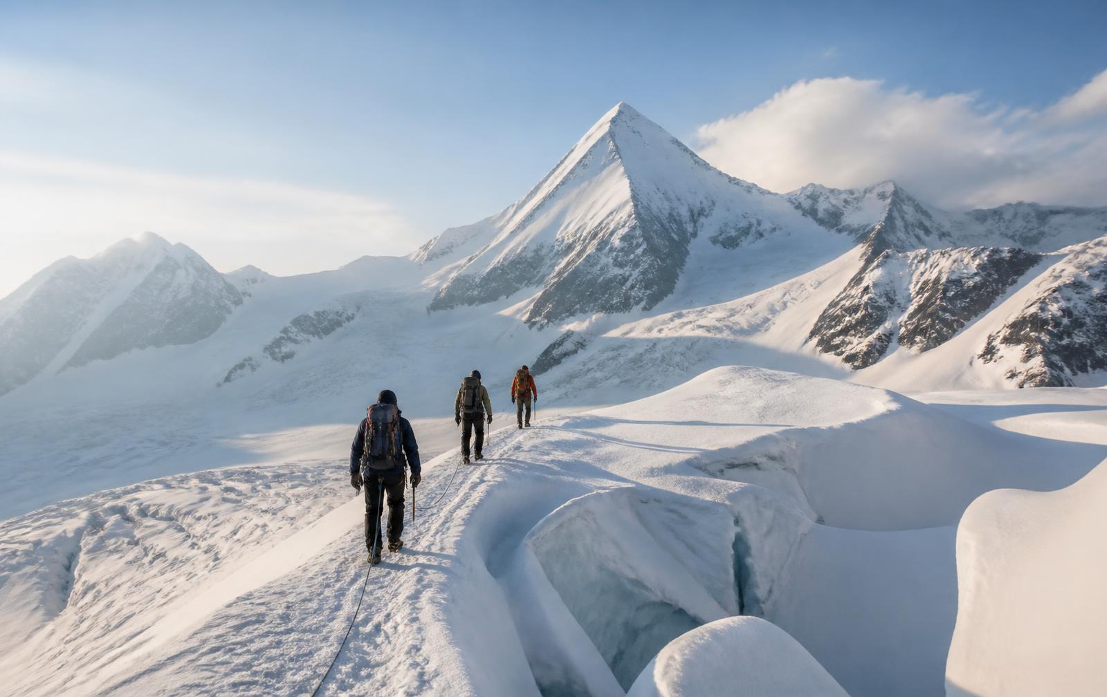 Cordée traversant un glacier enneigé vers un sommet alpin classique