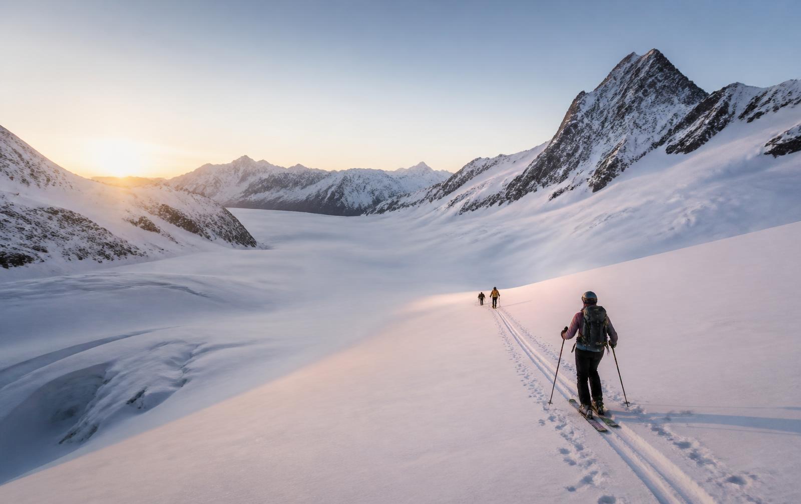 Skieurs de randonnée progressant à la montée sur un vaste glacier au lever du jour